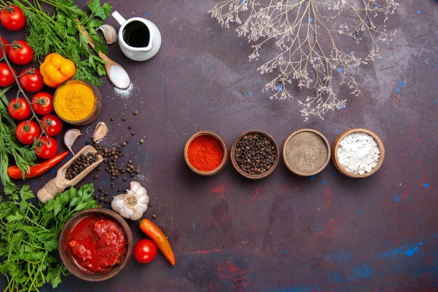 Top view different seasonings with greens and vegetables on dark desk