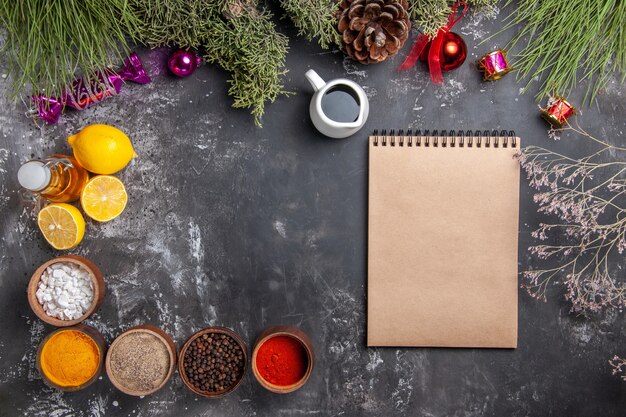 Top view different seasonings with lemon