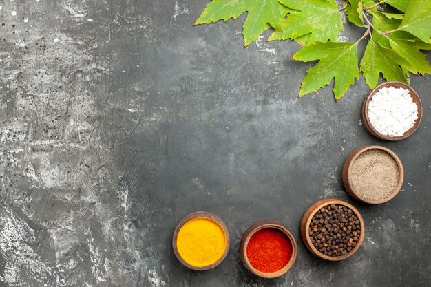 Top view different spices in small bowls salt pepper on grey background