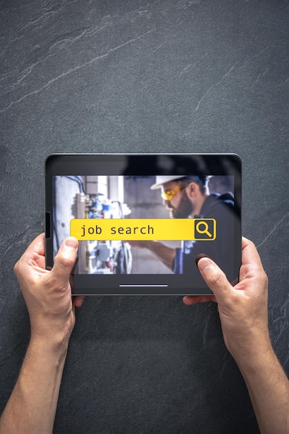 Top view of digital tablet with search job on screen in male hands