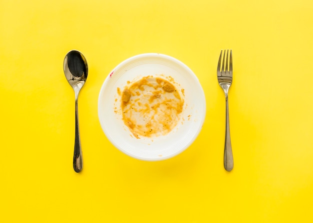 Top view dirty plate with cutlery on the table