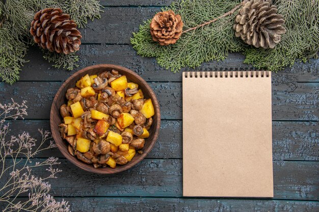 Top view dish and notebook bowl of potatoes and mushrooms next to the notebook under the spruce branches with cones