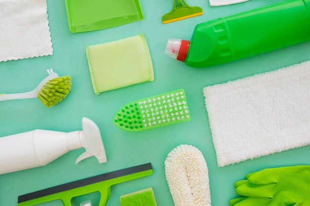 Top view disinfecting supplies on the table