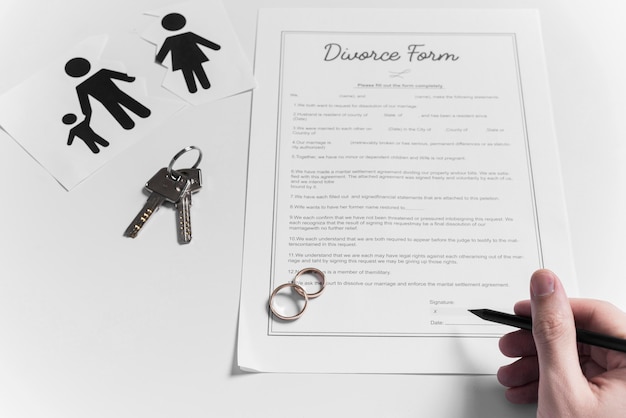 Top view divorce form with wedding rings