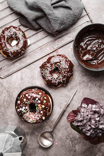 Free photo top view donuts with frosting