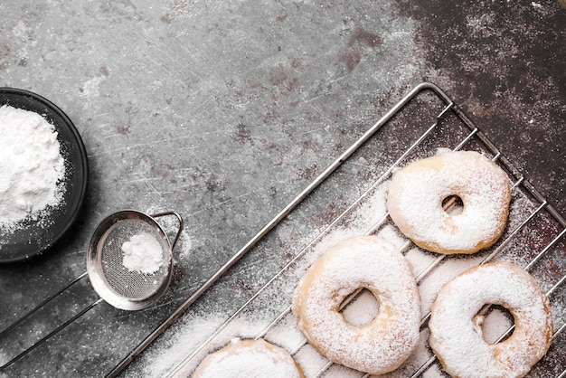 Top view donuts with sugar powder