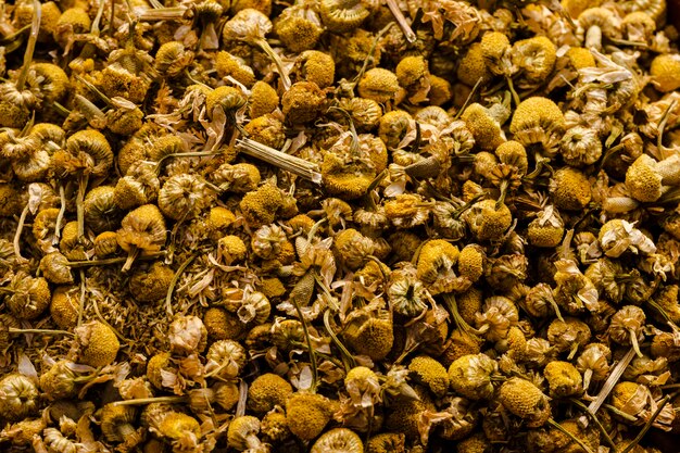 Top view dried chamomile flowers 