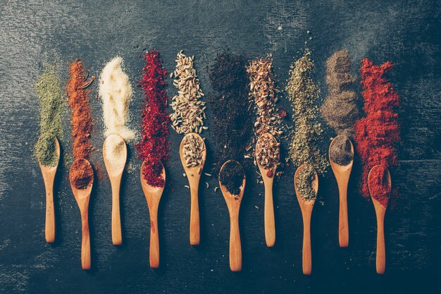 Top view dried herbs in spoons