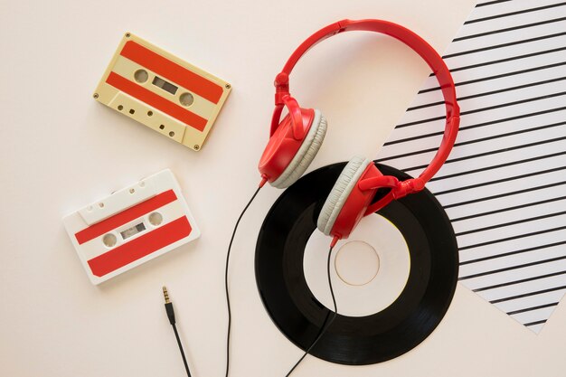 Top view of earphones music concept