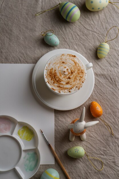 Top view easter coffee and decorations