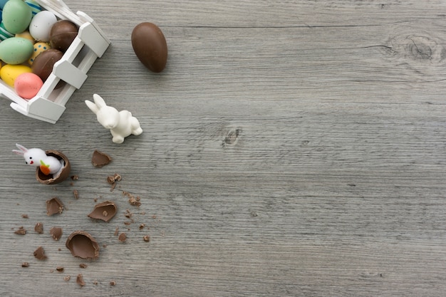 Top view of easter composition with chocolate eggs