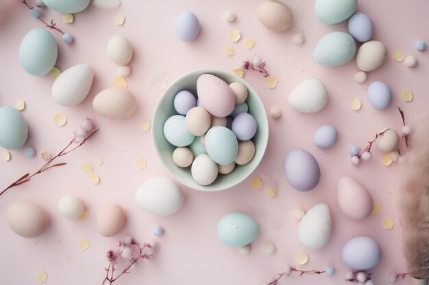 Top view easter decorative eggs arrangement