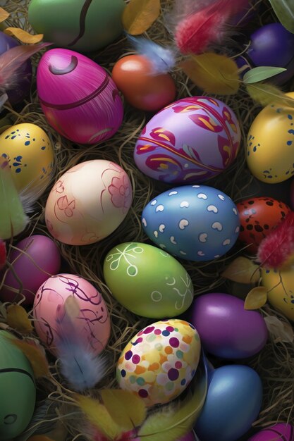 Top view easter decorative eggs arrangement