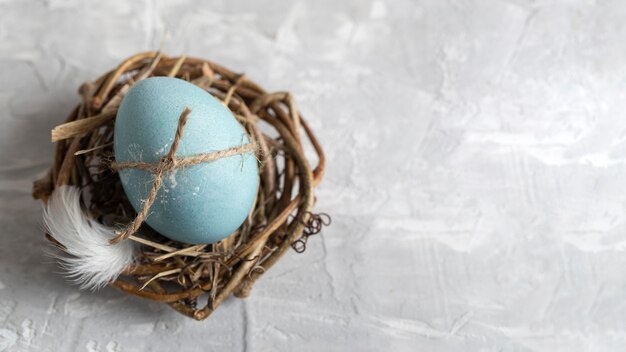 Free photo top view of easter egg in bird nest with copy space