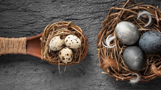 Top view of easter eggs in bird nest made of twigs and wooden spoon