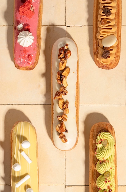 Free photo top view eclairs assortment