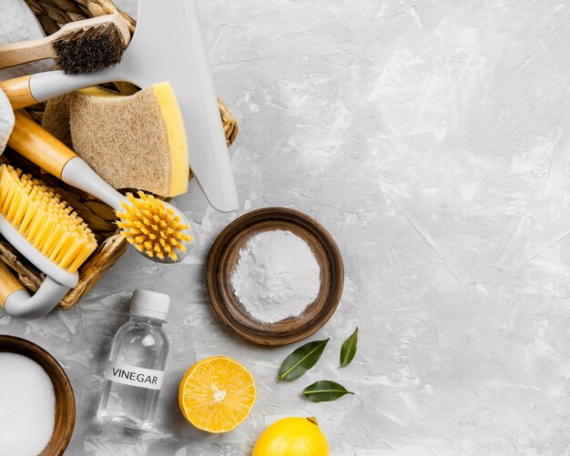 Top view of eco cleaning products in basket with baking soda