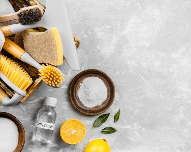 Top view of eco cleaning products in basket with baking soda