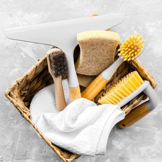 Top view of eco cleaning products in basket