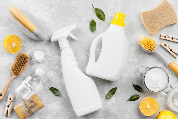 Top view of eco-friendly cleaning products with baking soda and lemon