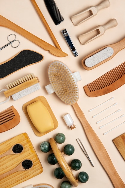 top view ecological beauty products arrangement