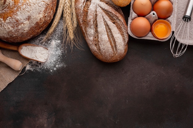 Top view of egg carton and bread