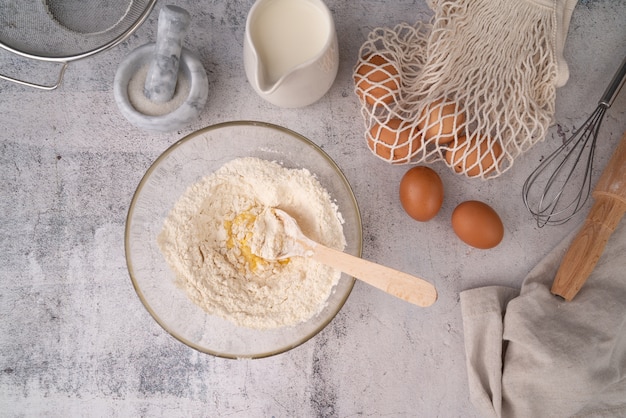 Top view egg with flour mixture