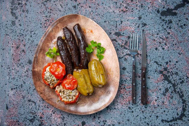 top view eggplant dolma with cooked tomatoes and bell-peppers filled with ground meat inside plate, dish dinner meal color