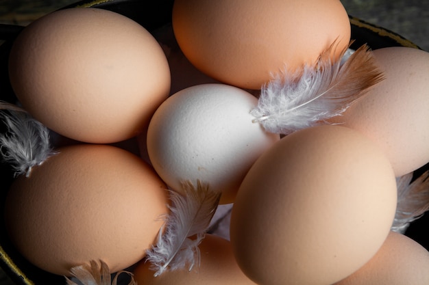 Free photo top view eggs with feathers. horizontal