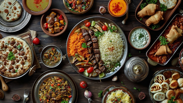무료 Photo 맛있는 음식으로 최고의 전망을 감상할 수 있는 eid al-fitr 축하 행사