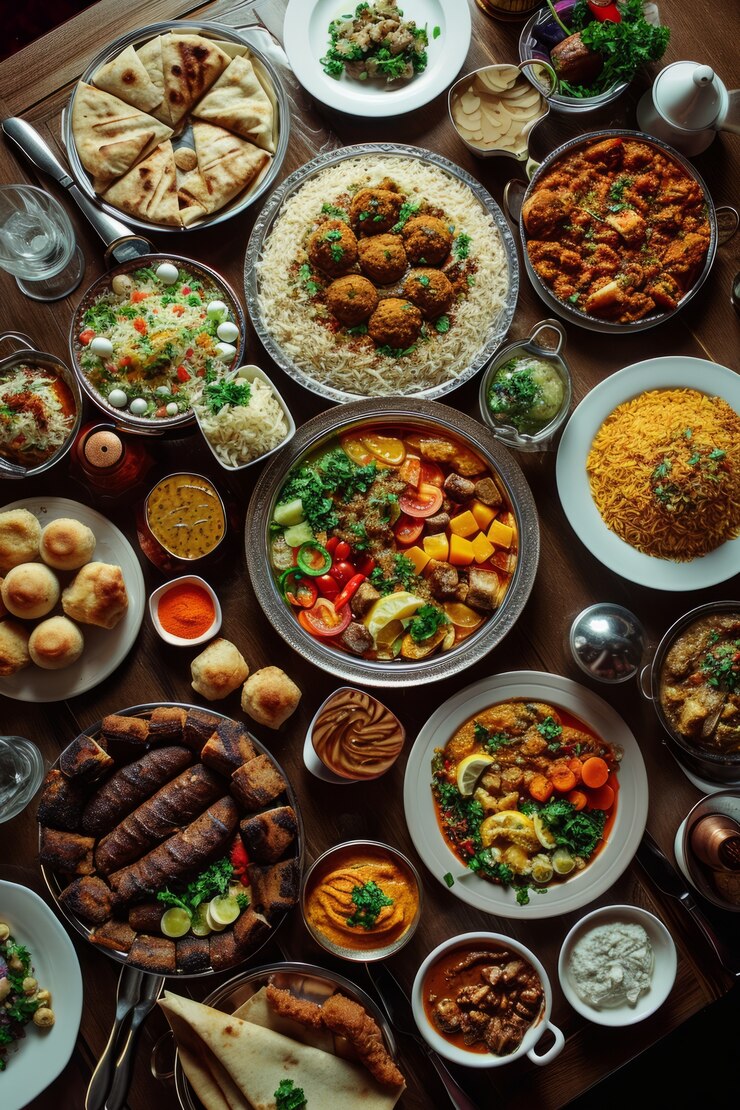 무료 Photo 맛있는 음식으로 최고의 전망을 감상할 수 있는 eid al-fitr 축하 행사