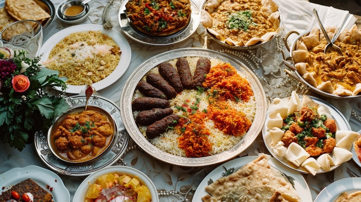 무료 Photo 맛있는 음식으로 최고의 전망을 감상할 수 있는 eid al-fitr 축하 행사