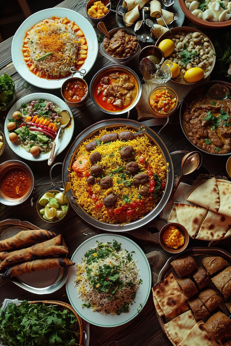무료 Photo 맛있는 음식으로 최고의 전망을 감상할 수 있는 eid al-fitr 축하 행사