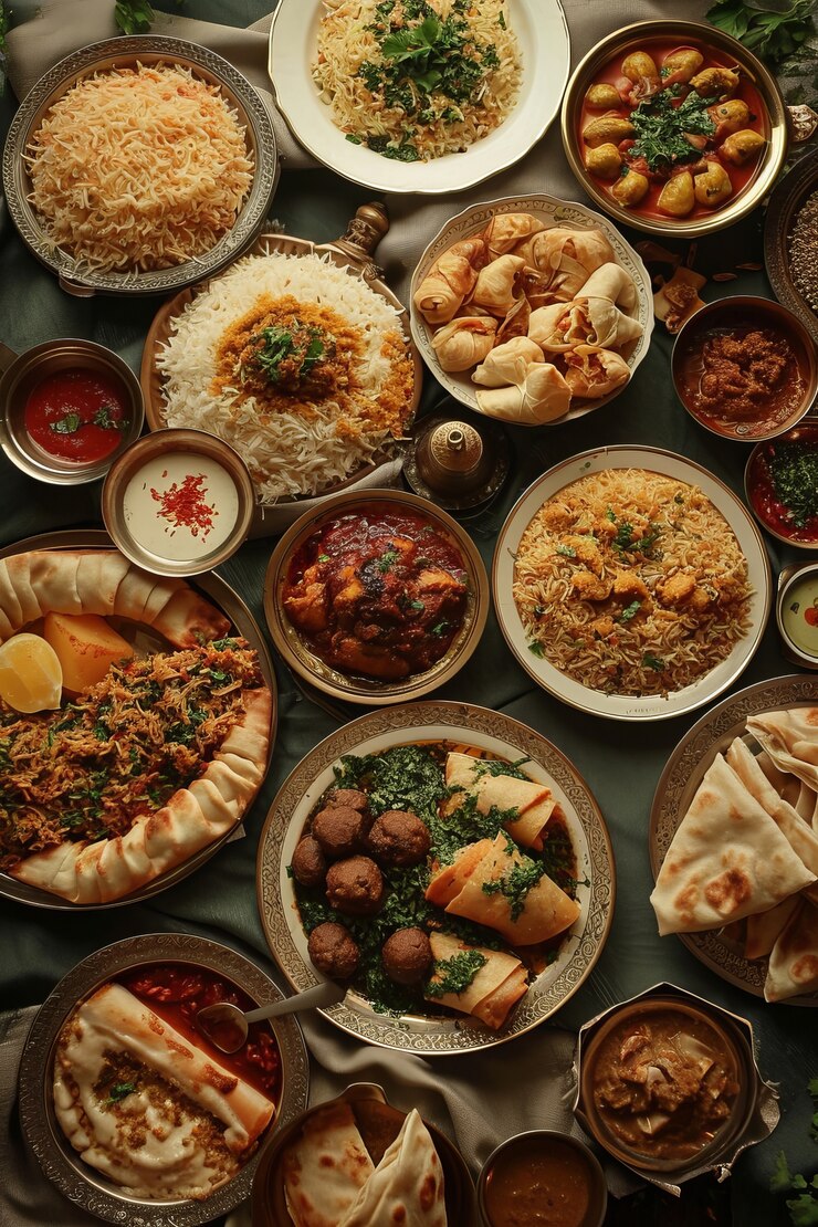 무료 Photo 맛있는 음식으로 최고의 전망을 감상할 수 있는 eid al-fitr 축하 행사