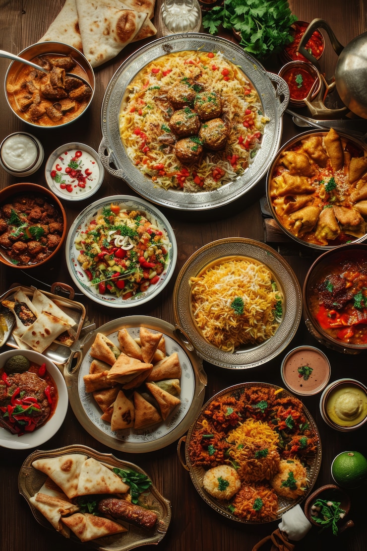 무료 Photo 맛있는 음식으로 최고의 전망을 감상할 수 있는 eid al-fitr 축하 행사