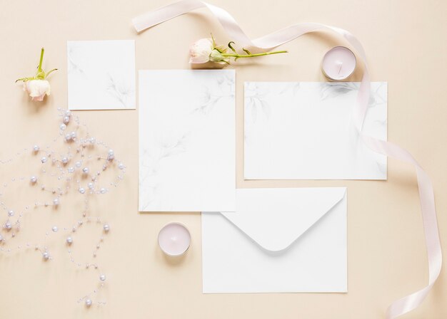 Top view elegant wedding invitations