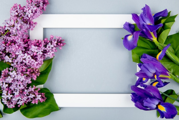 Top view of an empty picture frame with dark purple iris and lilac flowers on light grey background with copy space