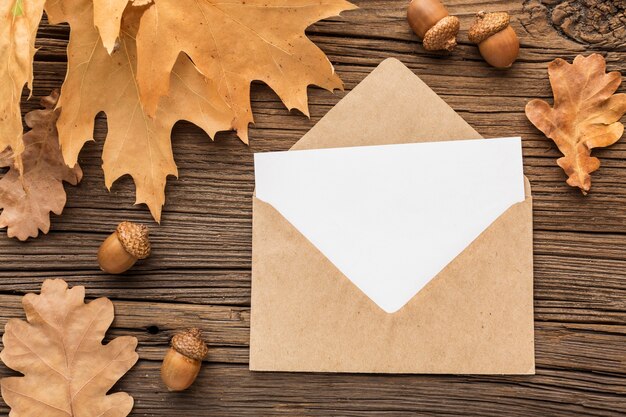 Top view of envelope with autumn leaves