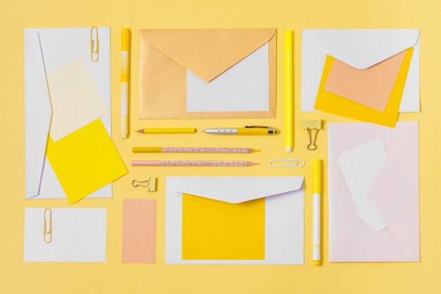 Top view envelopes and pen arrangement