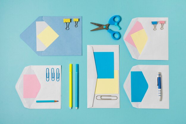 Top view envelopes and pens arrangement