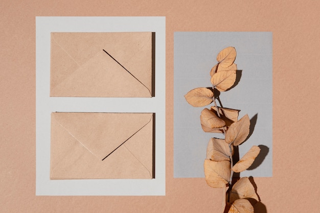 Top view of envelopes with leaves