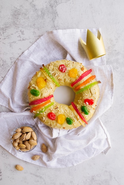 Top view of epiphany day dessert with almonds