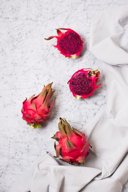 Top view exotic dragon fruit ready to be served