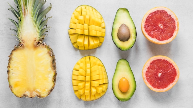 Top view exotic and fresh fruits ready to be served