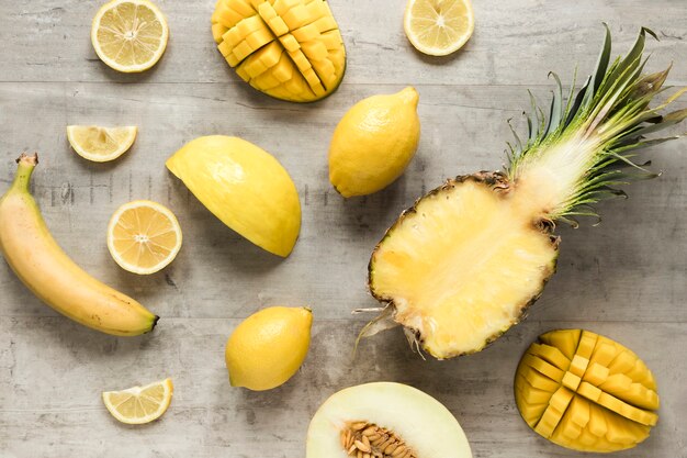 Top view exotic and fresh fruits on the table