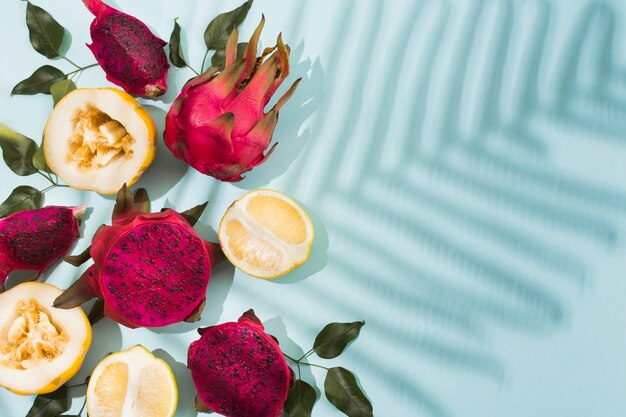 Top view exotic fruits on the table