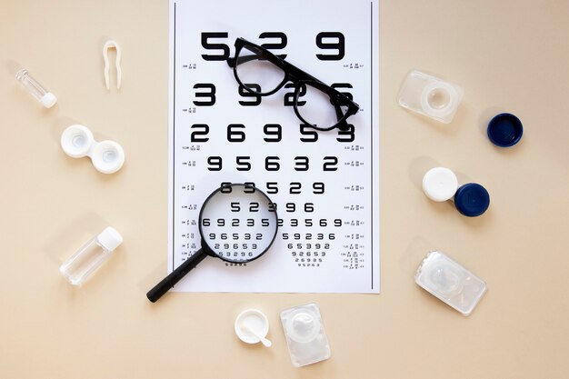 Top view eye care accessories on beige background with numbers table