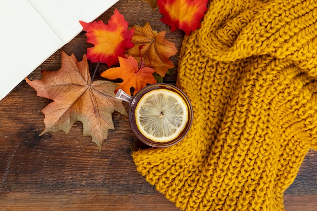 Free photo top view fall season arrangement on wooden table