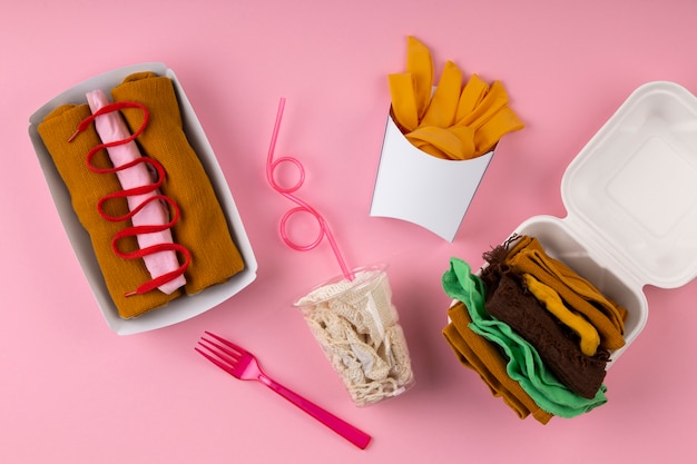 Top view fast food made out of clothes