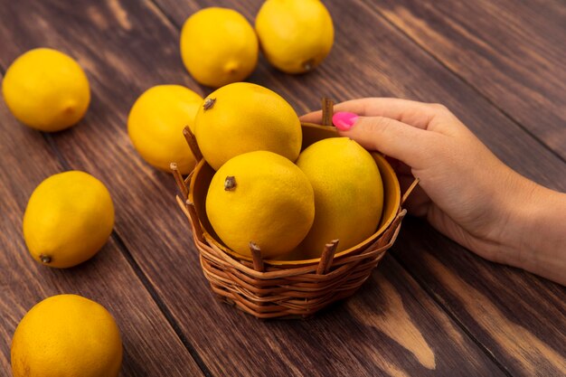 Вид сверху женской руки, держащей ведро сочных лимонов на деревянной поверхности